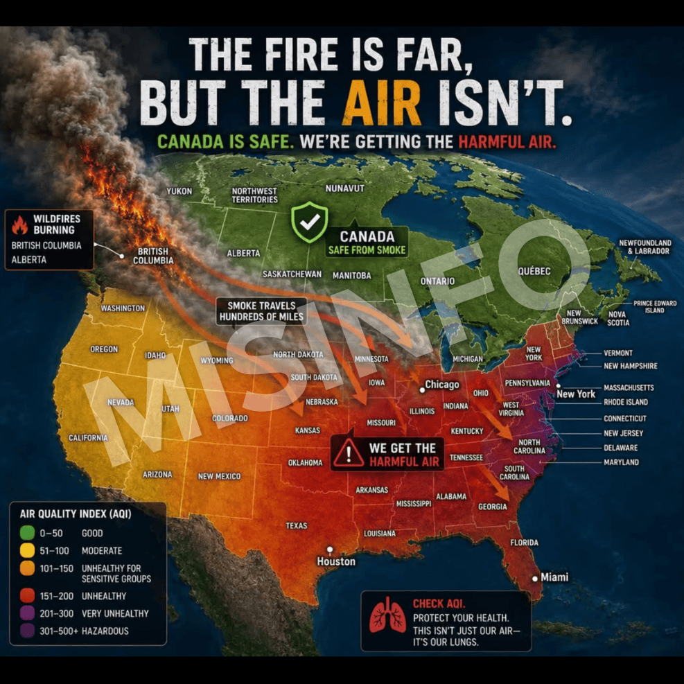 A map of North America that claims to show the location and direction of wildfire smoke. The map appears to show smoke from fires in B.C. blowing into the southeastern United States. Most of Canada is shown to have no smoke, even though the map was made as much of Ontario was cloaked in smoke.