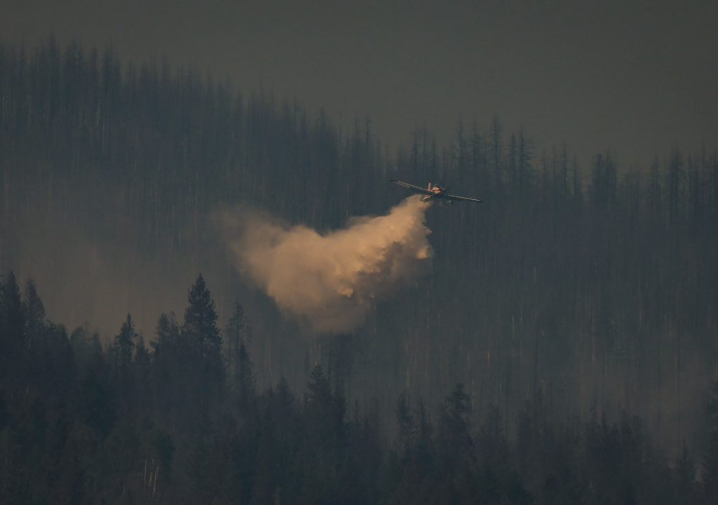 A photo of a small plane dropping water on a forest in Vernon, B.C. to fight the Bradley Creek wildfire burning near the Okanagan Indian Band.