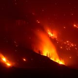 A nightime video of a forest in flames from the Bald Range wildfire, which had forced 20,000 people out of their homes in the south Okanagan region of B.C. by Aug. 8, 2026.