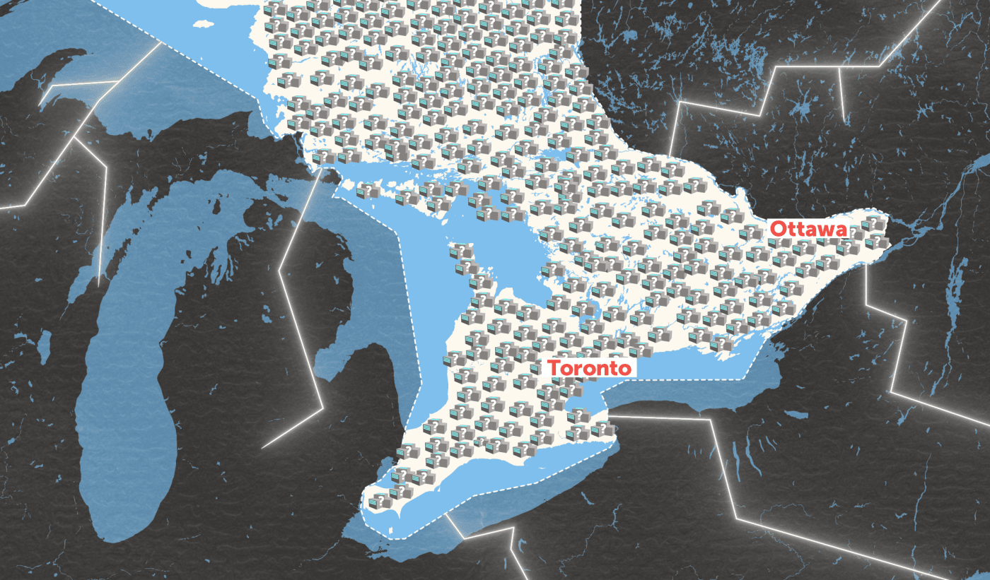 A map of southern Ontario, with Toronto and Ottawa labeled and dozens of illustrated data centre icons with question marks on them filling the map.