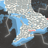 A map of southern Ontario, with Toronto and Ottawa labeled and dozens of illustrated data centre icons with question marks on them filling the map.