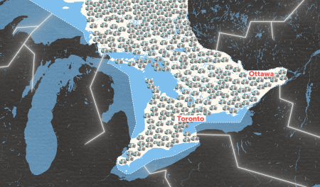 A map of southern Ontario, with Toronto and Ottawa labeled and dozens of illustrated data centre icons with question marks on them filling the map.