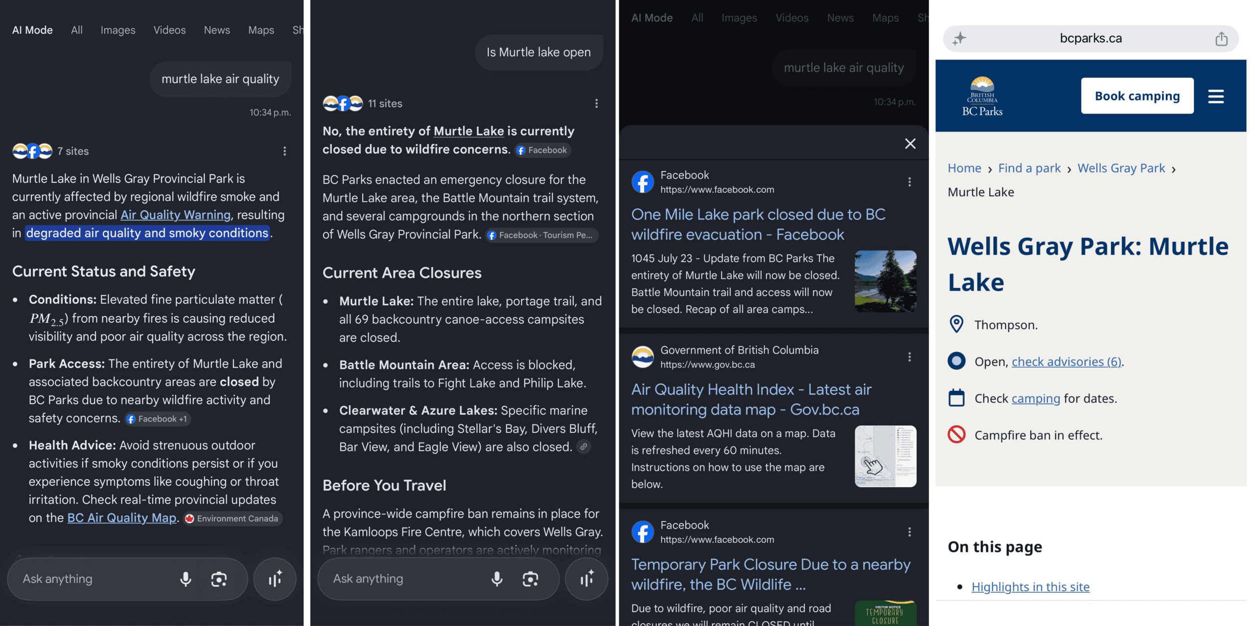 A series of screenshots. The first is a Google AI summary in response to the query "Murtle Lake air quality." The second is a Google AI search summary in response to the query "is Murtle Lake closed," stating the lake is closed. The third shows links cited by Google in its response, which are related to closures of two different lakes. The final screenshot is from the BC Parks website, showing the park is open.