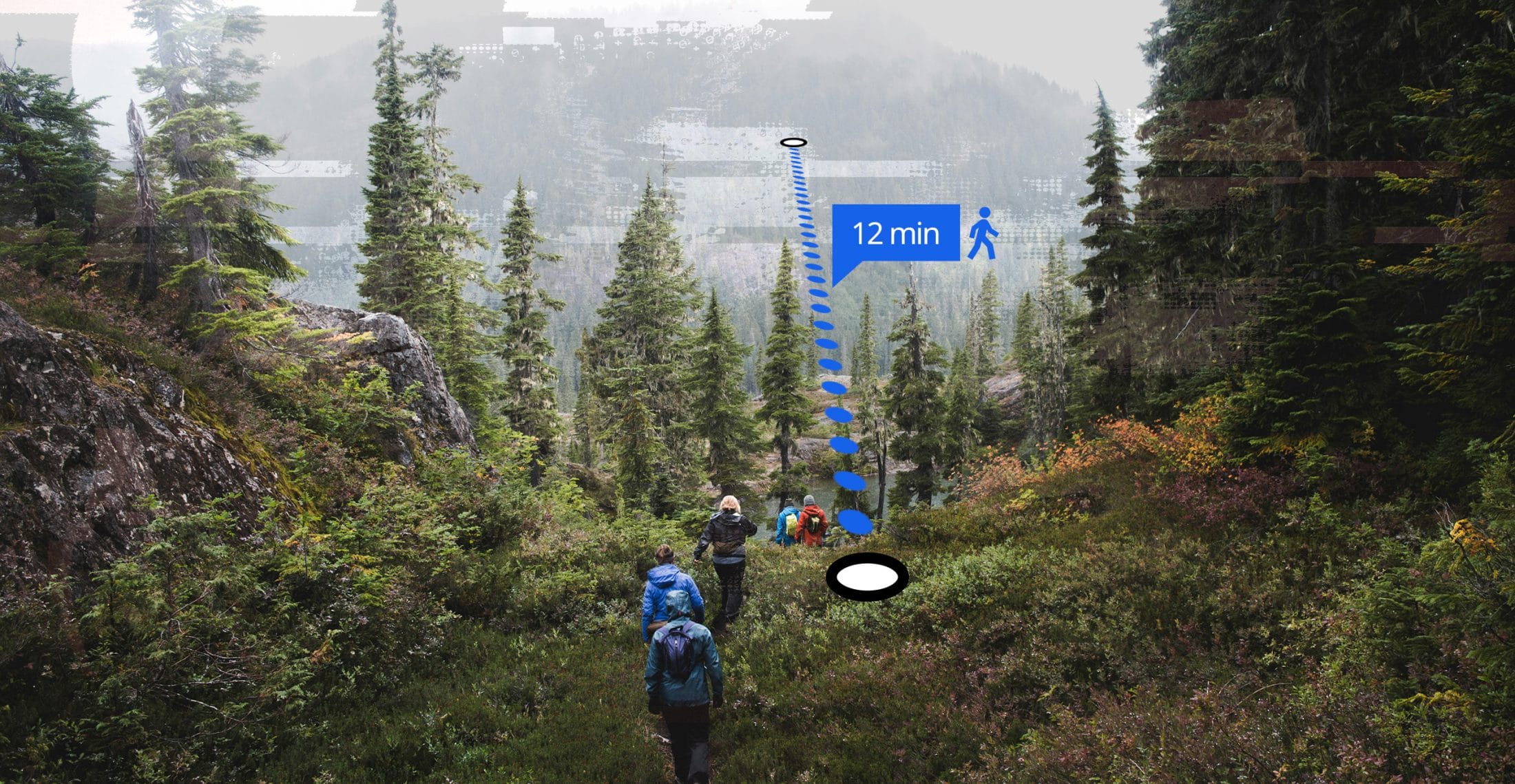 A photo of people hiking with an illustration of a Google walking time on top.