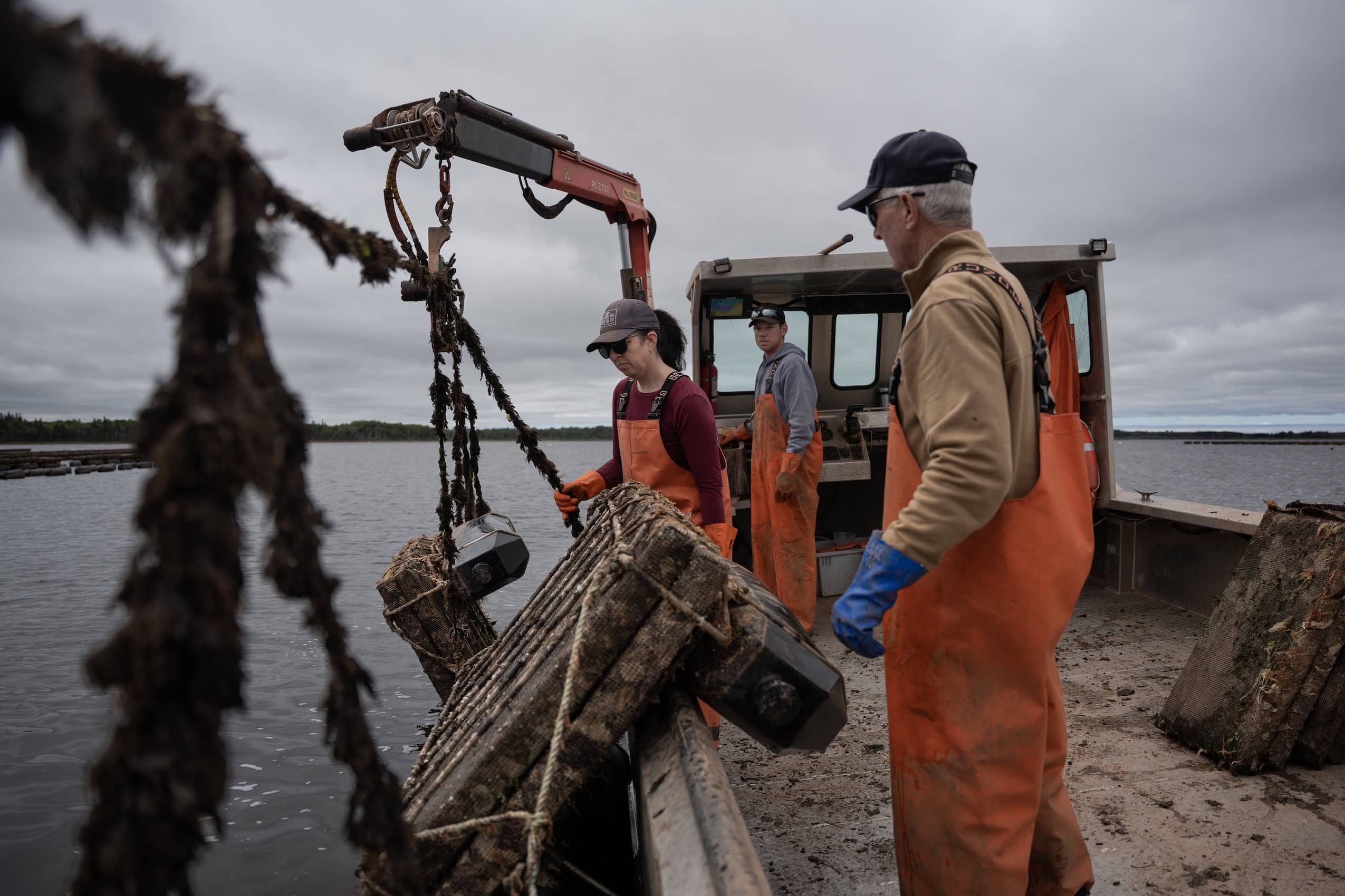 The Horne family works on their oyster farming boat.