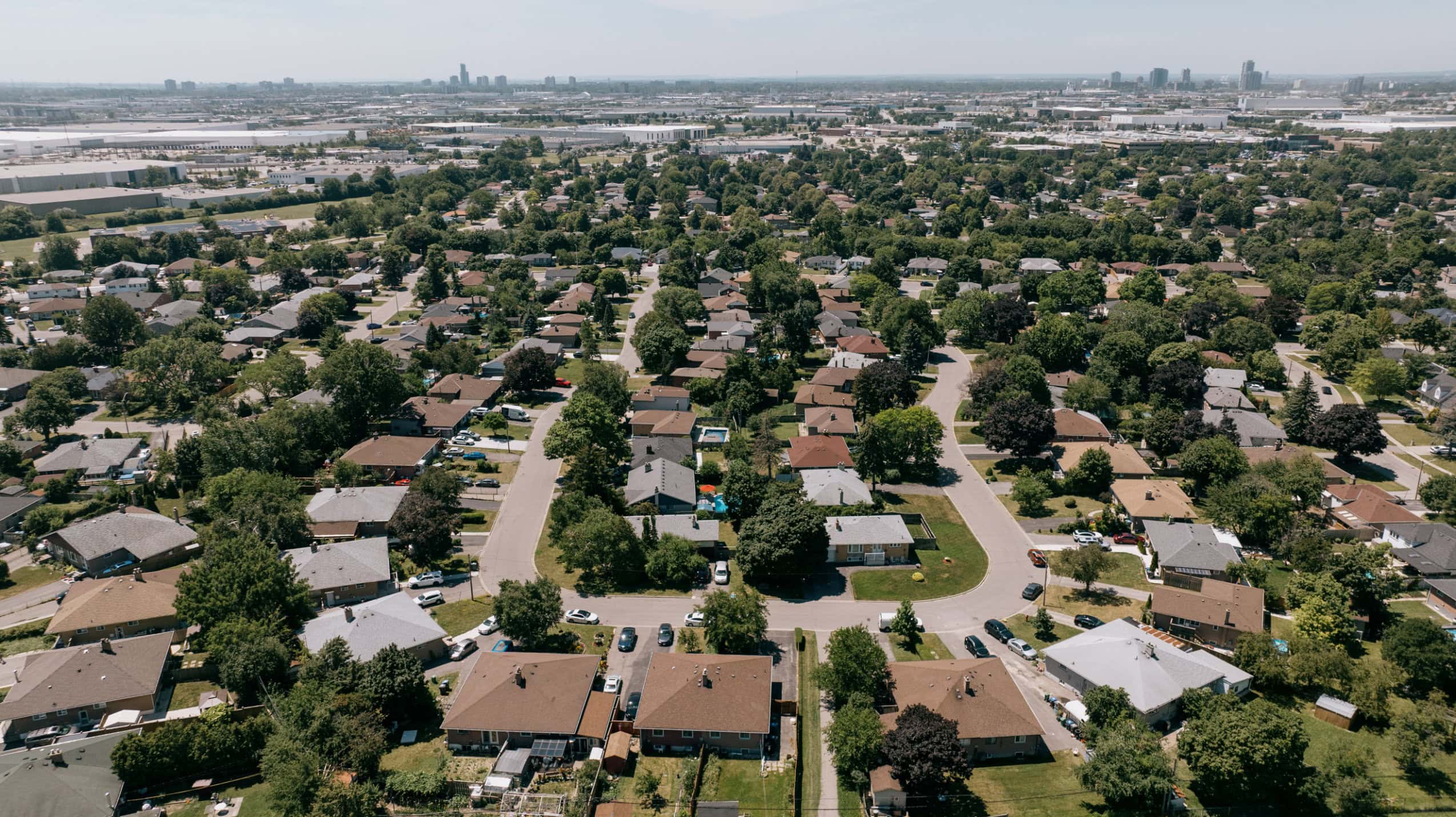 An aerial view of a residential neighbourhood in Brampton, Ontario.