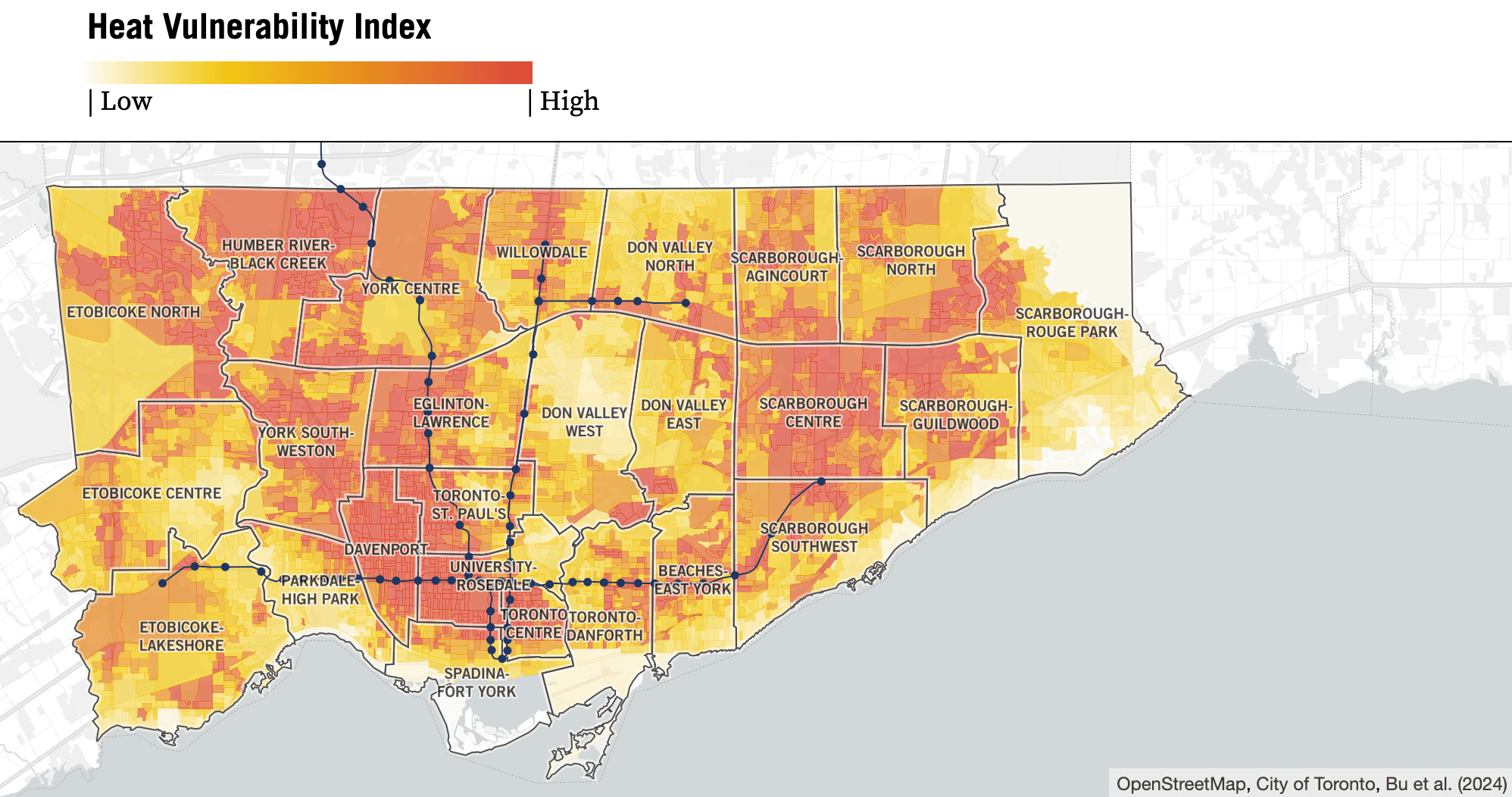 A map showing the heat vulnerability index in Toronto