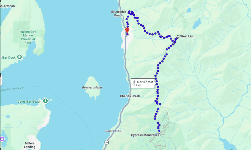 A screenshot of Google Maps, with a hiking route plotted out.