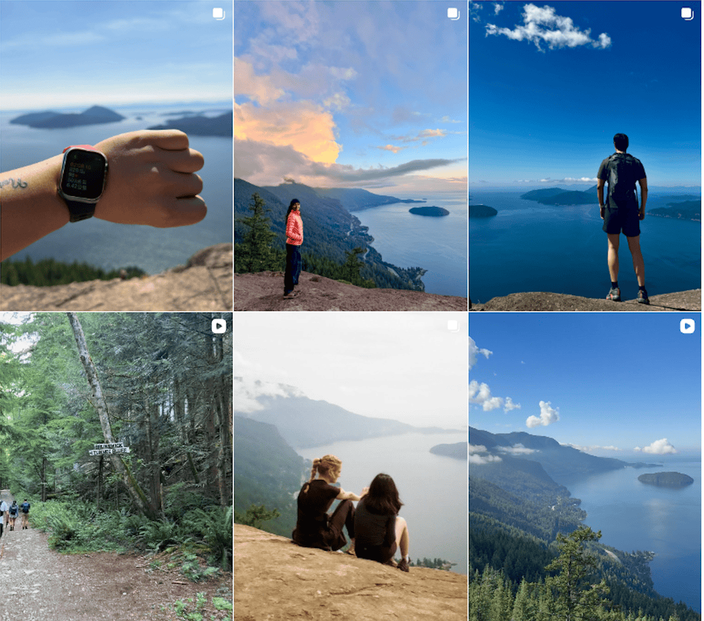 A screenshot of 6 photos of a beautiful hike from Instagram