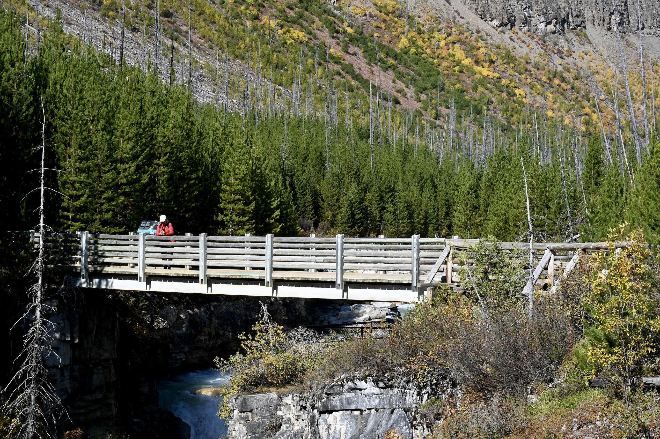 A person stands on a bridge over a river in a mountainous backcountry region.