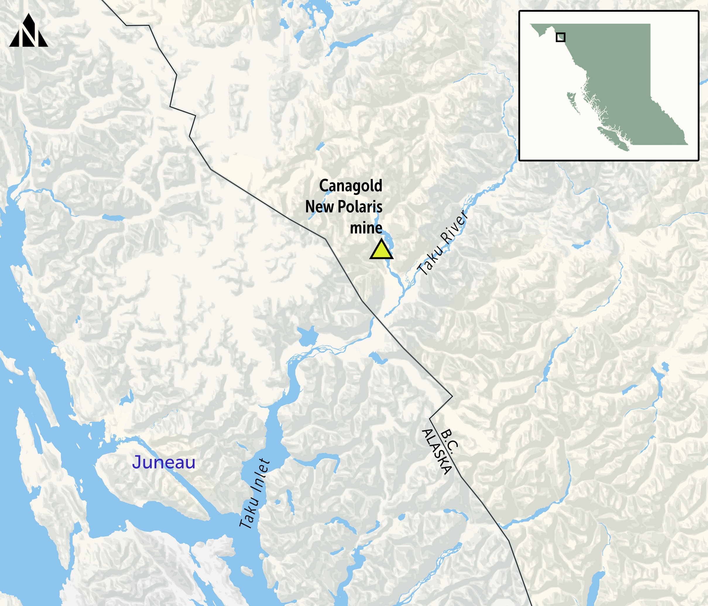 A map showing where the Canagold mine sit is proposed in Alaska along the Taku river.