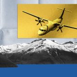 An illustrative collage of a plane over a mountain.