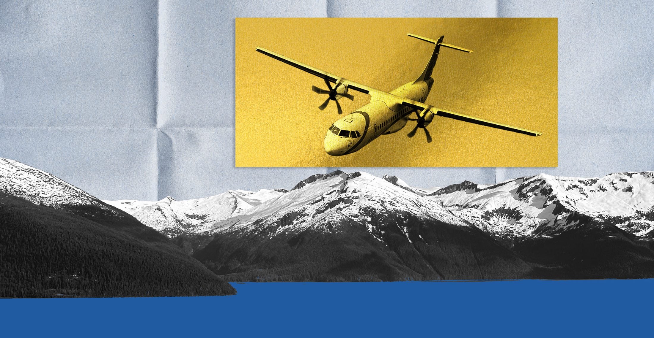 An illustrative collage of a plane over a mountain.