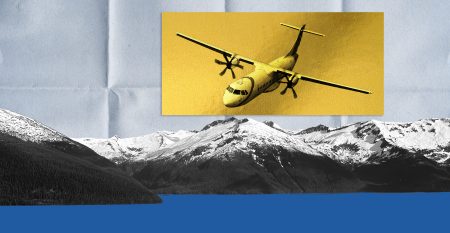 An illustrative collage of a plane over a mountain.