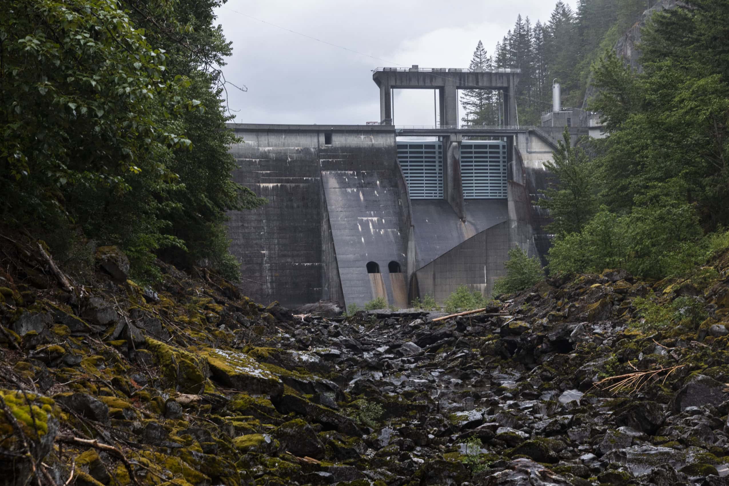 The Gorge Dam on the Skagit River is seen from below, with a completely dewatered river channel in the foreground.