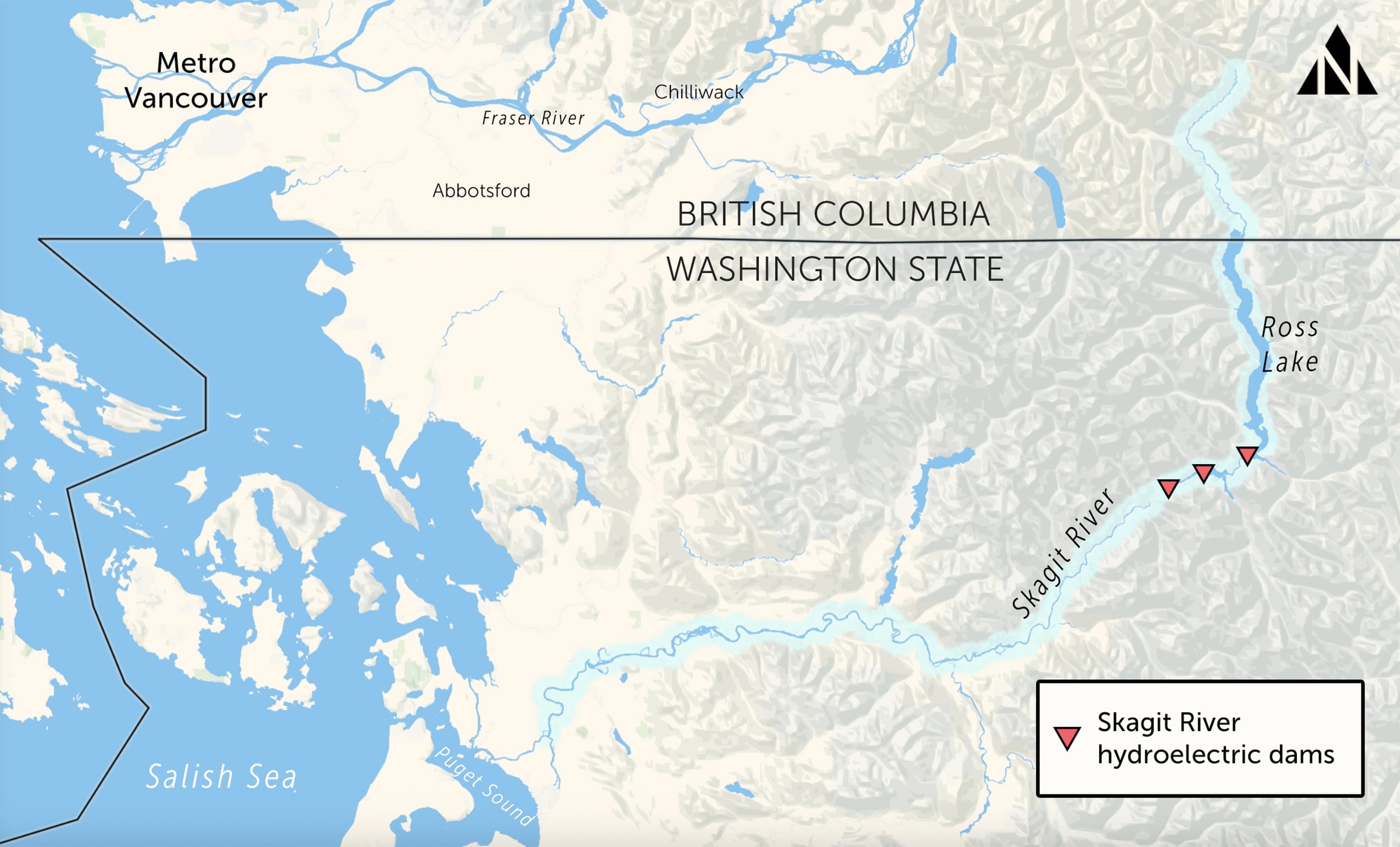A map depicting the route of the Skagit River through British Columbia and Washington state, with three hydroelectric dams in northern Washington labelled.