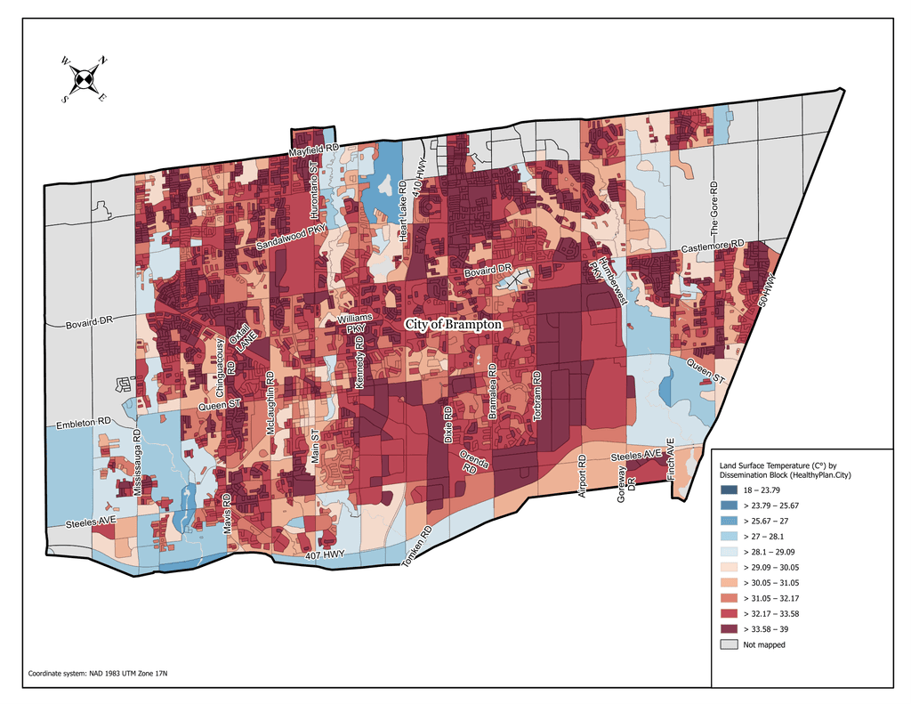 A map of the City of Brampton looking at land surface temperature