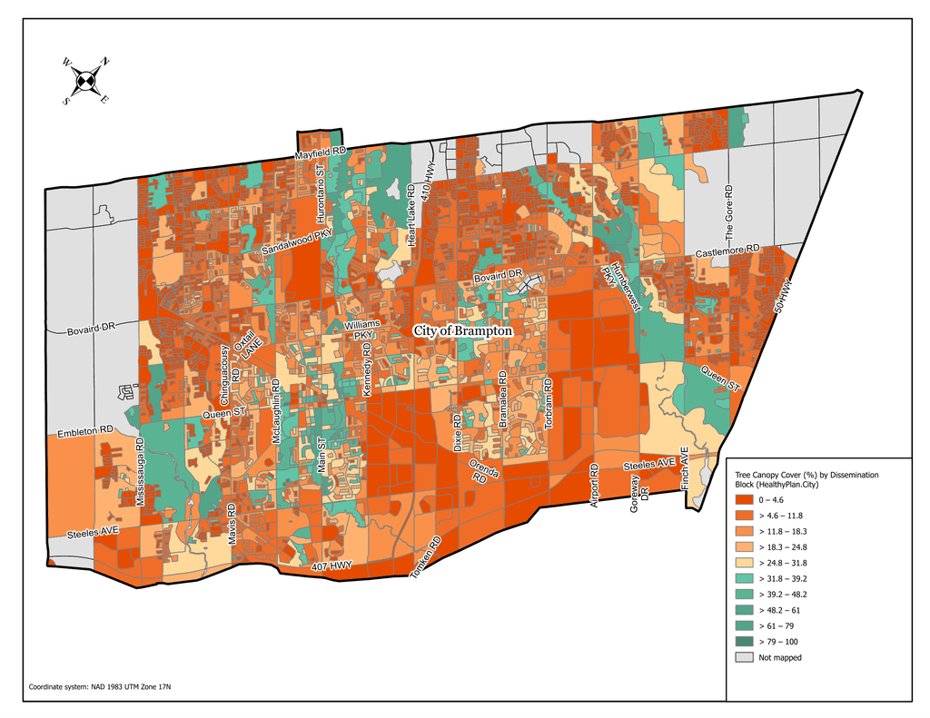 A map of the City of Brampton looking at tree coverage