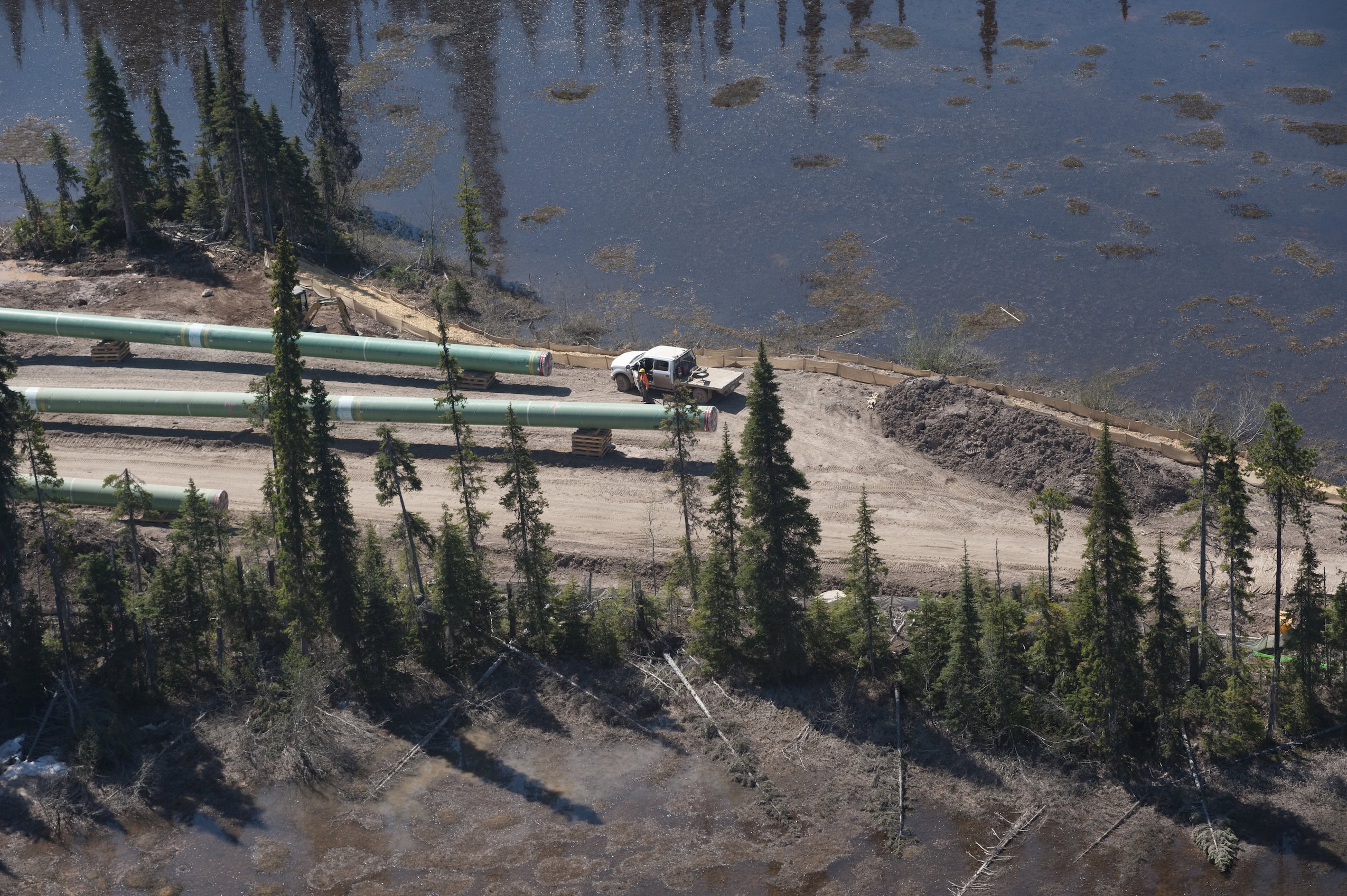 An aerial view of pipeline components during construction of the Coastal Gas Link pipeline in British Columbia.