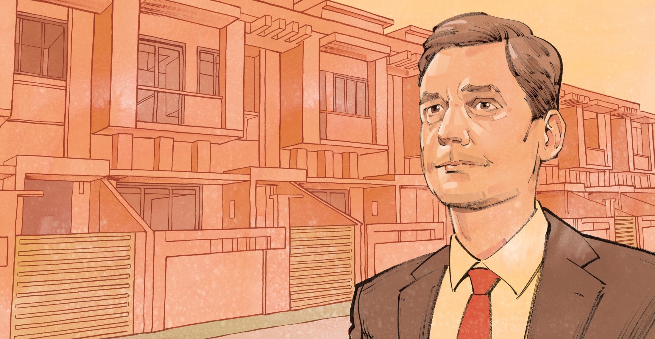 An illustration of David Eby in front of houses with an orange background