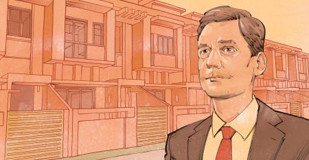 An illustration of David Eby in front of houses with an orange background