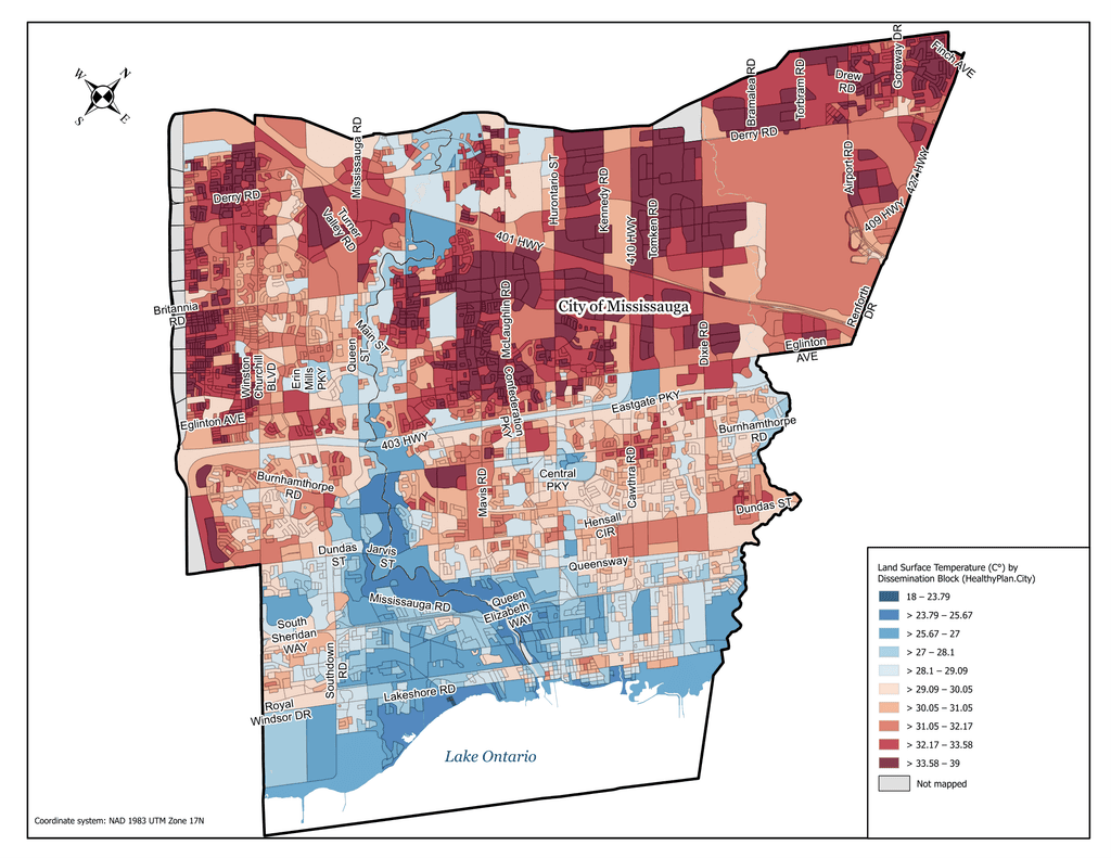 A map of the City of Mississauga looking at land surface temperature