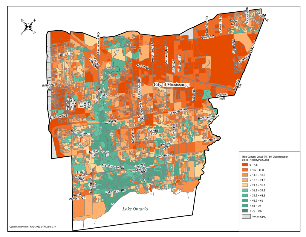A map of the City of Mississauga looking at tree coverage