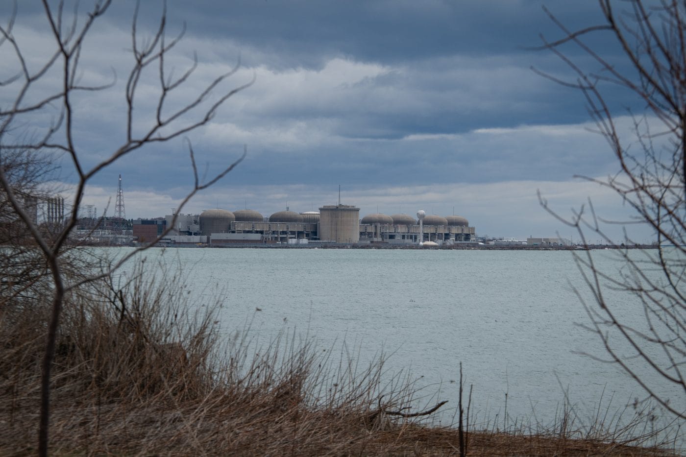 Peeking through bare trees, old, domed buildings sit alongside a river.