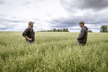 Two men stand in a farm field under cloudy sky