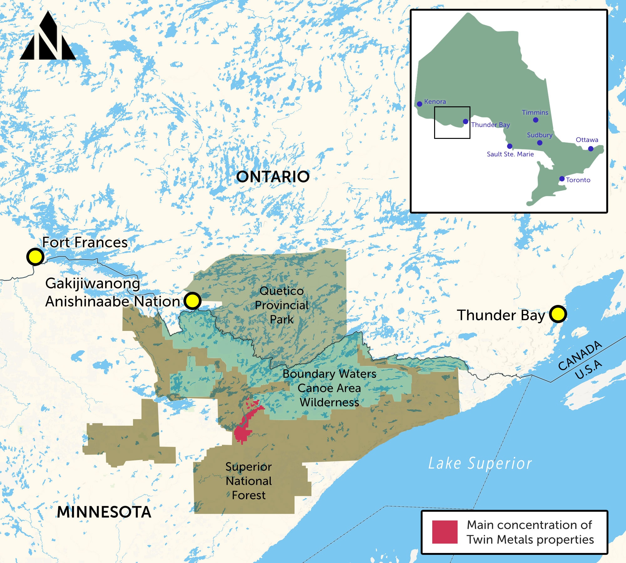 Map showing the area between Lake Superior and Fort Frances, Ont., including the Boundary Waters Canoe Area Wilderness