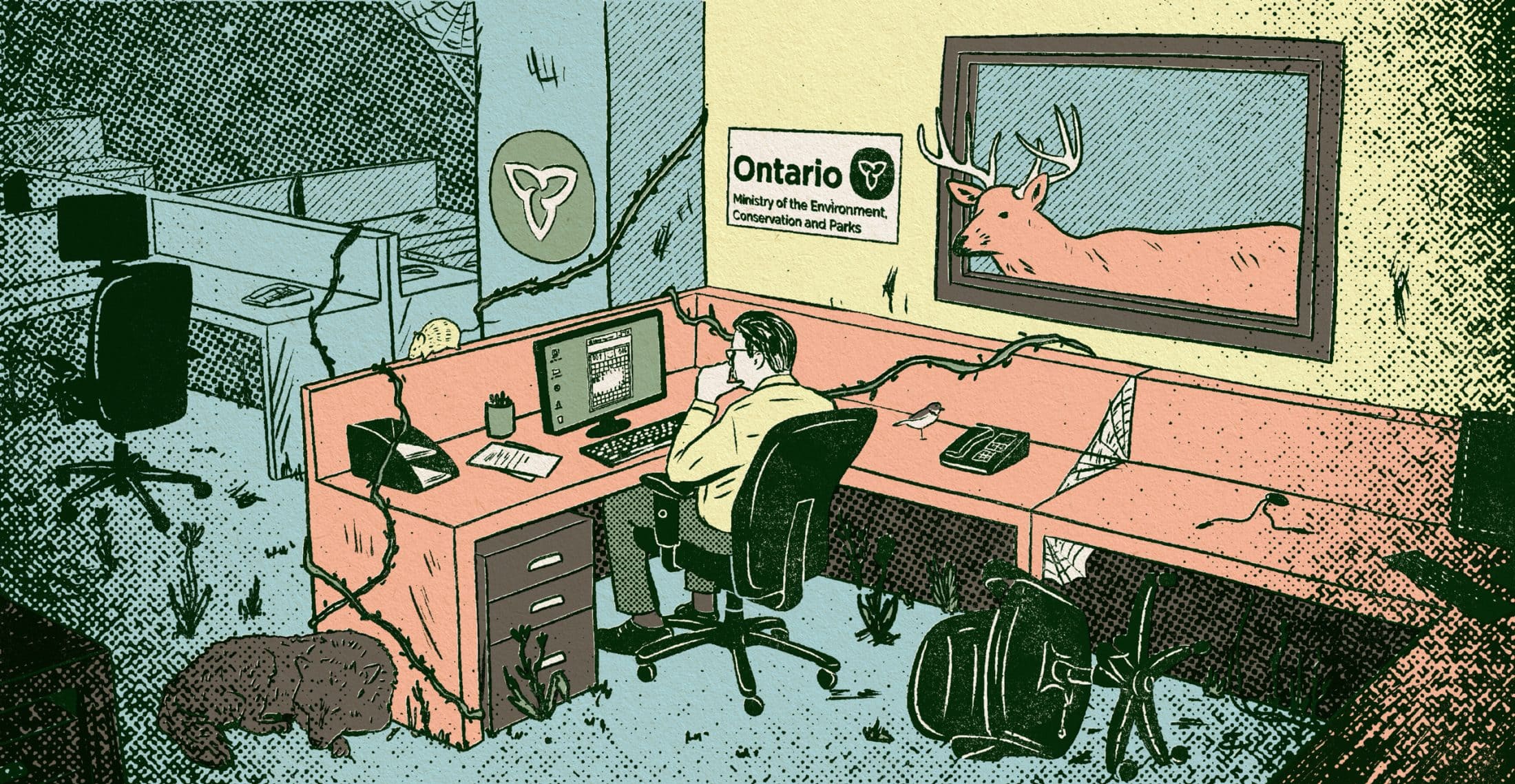 The illustrations shows an Ontario Ministry of Environment staffer sitting in an office, surrounded by vines and wildlife. The office is otherwise empty, representing a loss of staff after Bill 5.