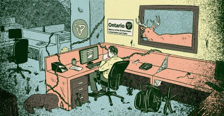 The illustrations shows an Ontario Ministry of Environment staffer sitting in an office, surrounded by vines and wildlife. The office is otherwise empty, representing a loss of staff after Bill 5.