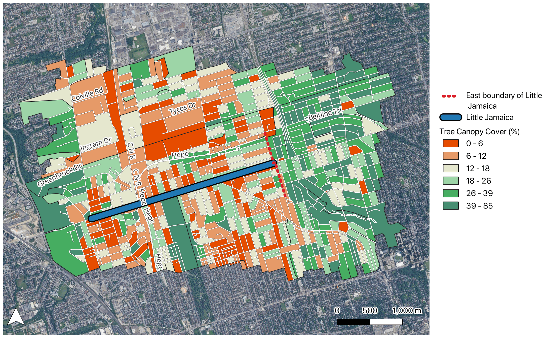 A map showing tree canopy coverage