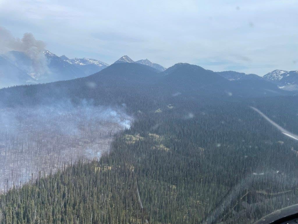 Charred trees and smoke are seen from above during the 2023 Murtle Lake wildfire.