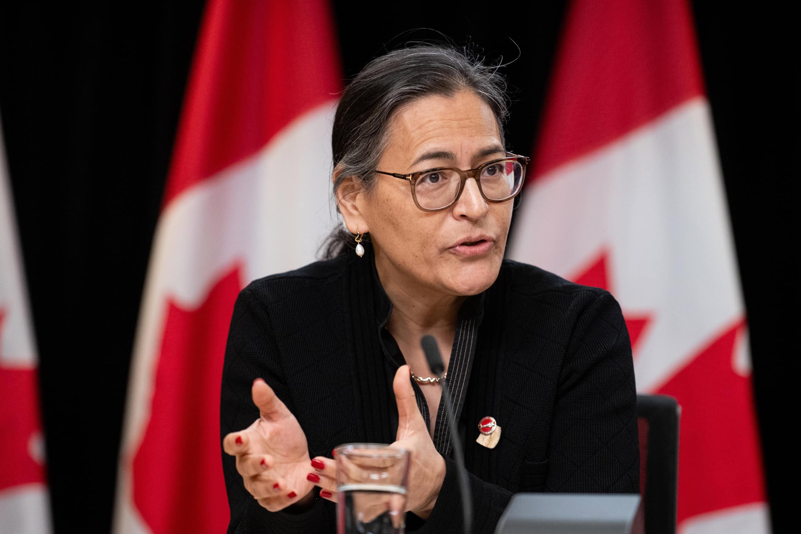 Senator Michèle Audette speaks during a press conference with Canadian flags in the background.