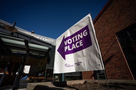 A voting place sign outside a recreation centre in Vancouver