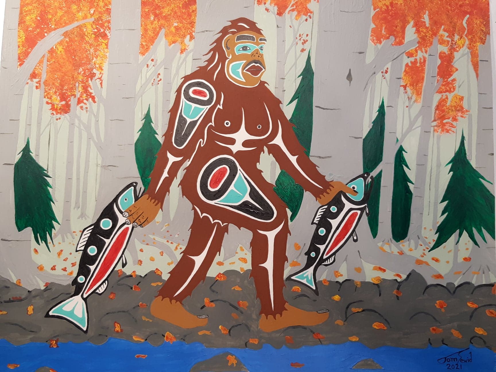 An illustration of D’sonoqua, Sasquatch’s female companion in Kwakwaka'wakw tradition, carrying two fish.