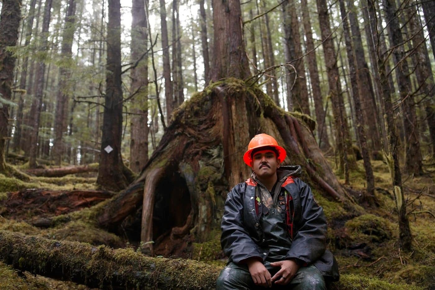 Elijah Washington sits infront of a large modified tree stump, facing the camera.