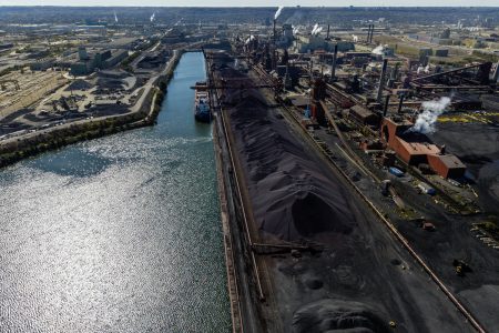 An aerial view of ArcelorMittal Dofasco's steel plant beside the Hamilton Harbour.