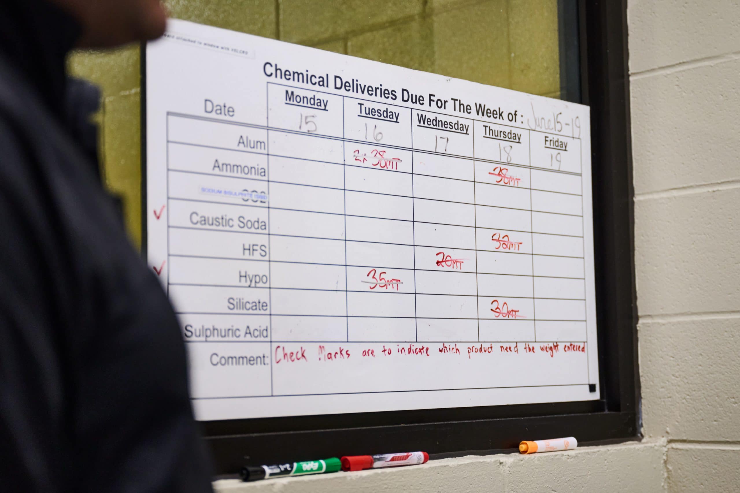 Chart titled "Chemical Deliveries Due For The Week Of" with the days of the week and chemicals listed like Alum.