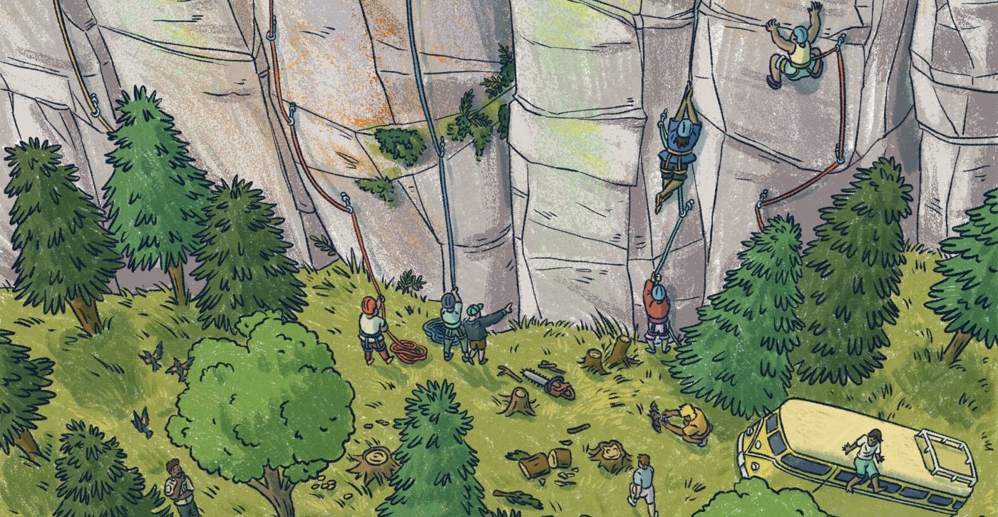 An illustration of rock climbers on a cliff face with people looking on from below